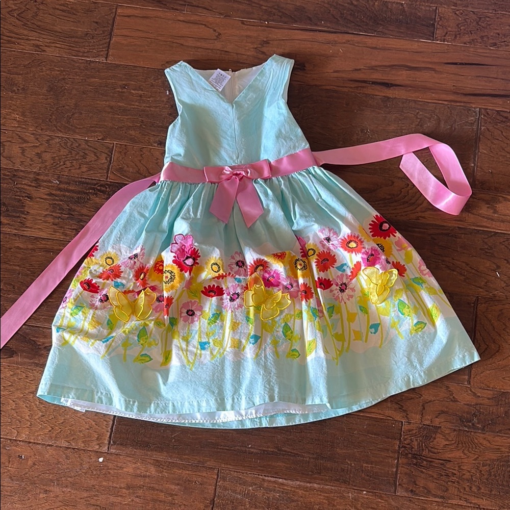 Bonnie Jean Mint Floral Dress with Pink Sash